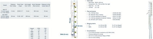 Preoperative planning and configuration of a physician-modified endograft (PMEG) for a complex aorto-visceral aneurysm repair. The schematic shows branch positioning and angulation for target vessels, including the celiac trunk (CT) and superior mesenteric artery (SMA), with detailed measurements such as take-off distances, clock-face orientation, and aortic diameters. Planned bridging stents include 8 × 39 mm VBX and 6 × 59 mm VBX for the CT and SMA, respectively. Case plan components, vessel coordinates, and device sizing for main body and fenestrations are displayed. CTA-based measurements and 3D reconstruction aided in customization of the graft for optimal alignment and sealing.