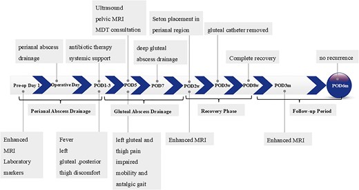 Clinical course from admission to recovery, showing major diagnostic and therapeutic milestones.