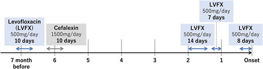 Antibiotic prescription history: The patient received levofloxacin for 39 days over 7 months, including 29 days within 2 months before presentation. LVFX, levofloxacin.