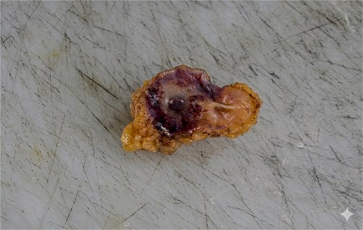 Photography of the excised peritoneal nodule showing a whitish background with a central brown pigmentation and peripheral hemorrhagic stippling.