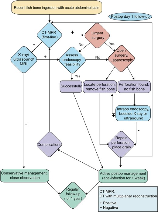 Clinical management algorithm for suspected fish bone-induced gastric perforation.